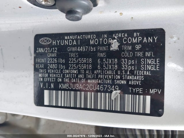 2012 HYUNDAI TUCSON LIMITED VIN: KM8JU3AC2CU467349