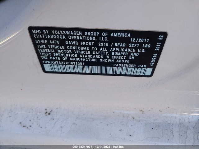 2012 VOLKSWAGEN PASSAT 2.5L S VIN: 1VWAH7A37CC033351