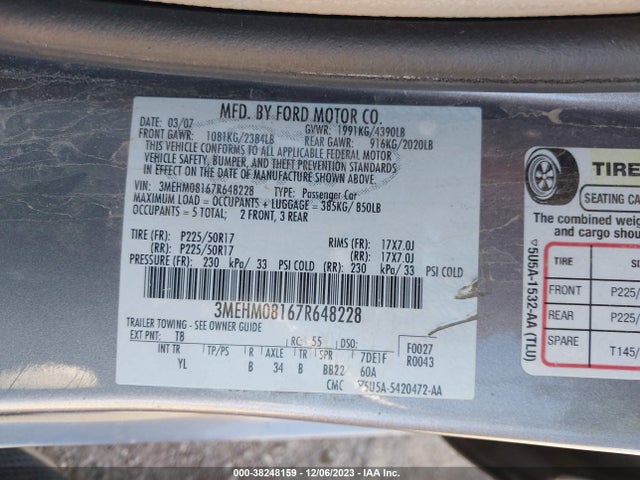 2007 MERCURY MILAN PREMIER VIN: 3MEHM08167R648228