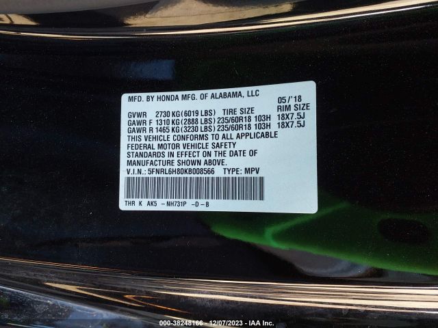 5FNRL6H80KB008566 Honda Odyssey Touring