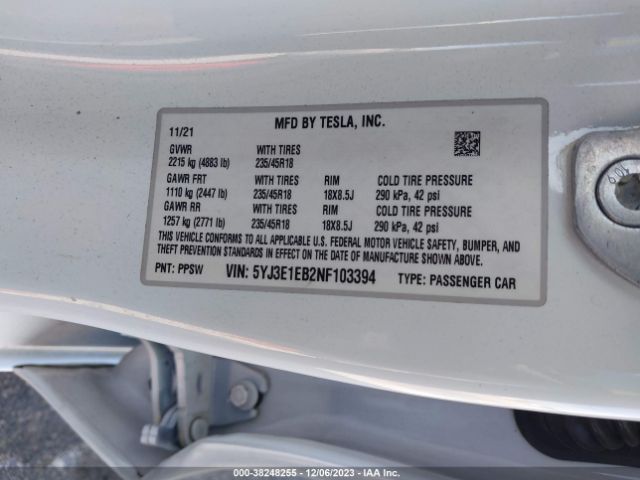 5YJ3E1EB2NF103394 Tesla Model 3 Long Range Dual Motor All-wheel Drive