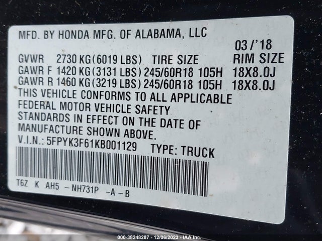 Honda Ridgeline Rtl-t 2019 5FPYK3F61KB001129 Image 9
