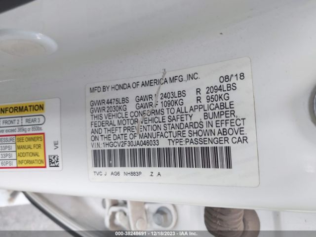 2018 HONDA ACCORD SEDAN 1HGCV2F30JA046033 Photo 8