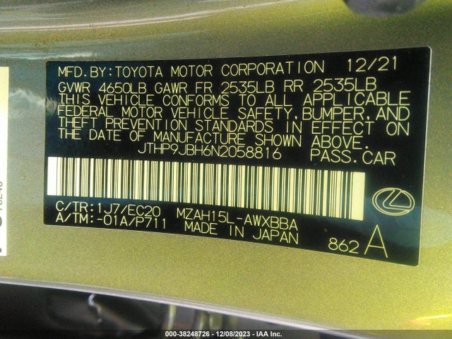 2022 LEXUS UX 250H VIN: JTHP9JBH6N2058816