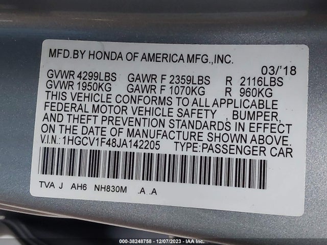 Honda ACCORD EX 2018 1HGCV1F48JA142205 Image 9