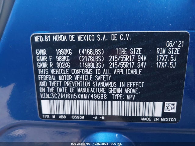 Honda Hr-v Awd Ex 2021 3CZRU6H5XMM749688 Image 9