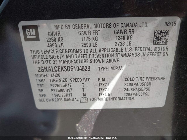 Chevrolet EQUINOX LT 2016 2GNALCEK3G6104529 Image 9