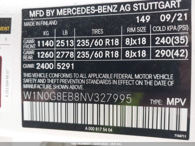 W1N0G8EB8NV327995 Mercedes-Benz Glc 300 Suv