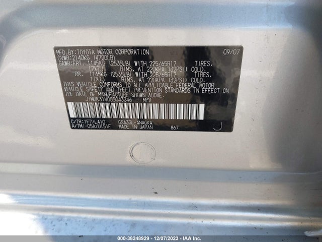 2008 TOYOTA RAV4 LIMITED V6 VIN: JTMBK31V085043346