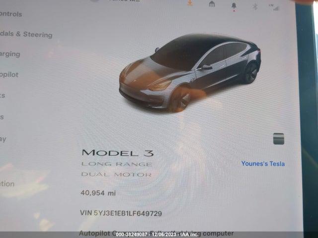 2020 TESLA MODEL 3 LONG RANGE DUAL MOTOR ALL-WHEEL DRIVE VIN: 5YJ3E1EB1LF649729