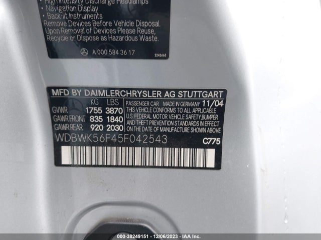 2005 MERCEDES-BENZ SLK 350 VIN: WDBWK56F45F042543