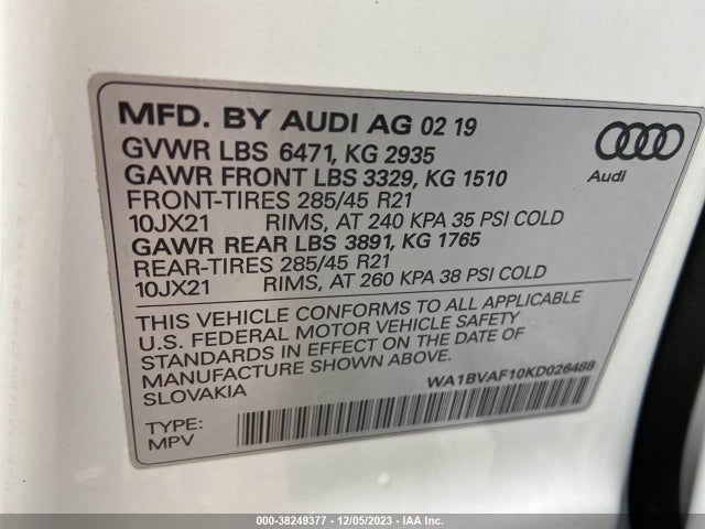 2019 AUDI Q8 55 PREMIUM VIN: WA1BVAF10KD026488