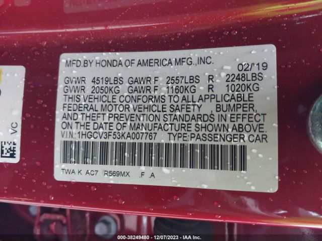 1HGCV3F53KA007767 Honda Accord Hybrid Ex-l