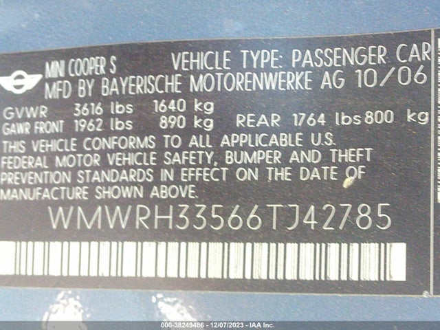 2006 MINI COOPER S WMWRH33566TJ42785 Photo 8