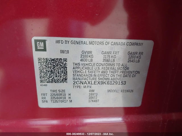 2019 CHEVROLET EQUINOX LT VIN: 2GNAXLEX9K6129153