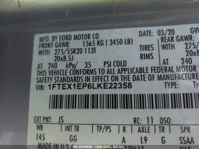 Ford F-150 Xl 2020 1FTEX1EP6LKE22358 Image 9