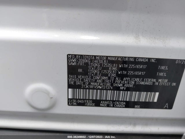 2021 TOYOTA RAV4 LE VIN: 2T3K1RFV5MW131374