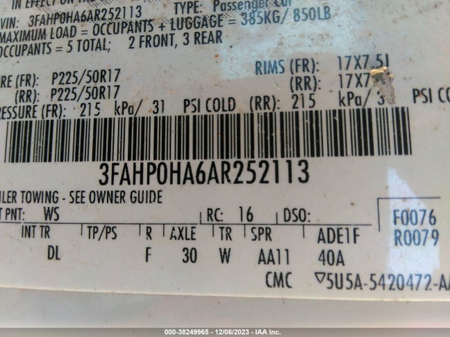 2010 FORD FUSION SE VIN: 3FAHP0HA6AR252113