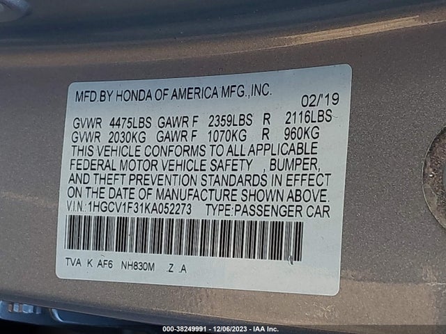 2019 HONDA ACCORD SPORT VIN: 1HGCV1F31KA052273