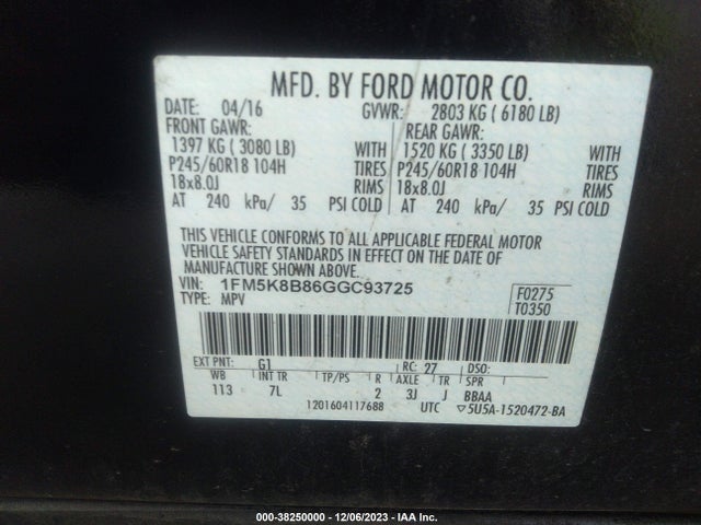 2016 FORD EXPLORER VIN: 1FM5K8B86GGC93725