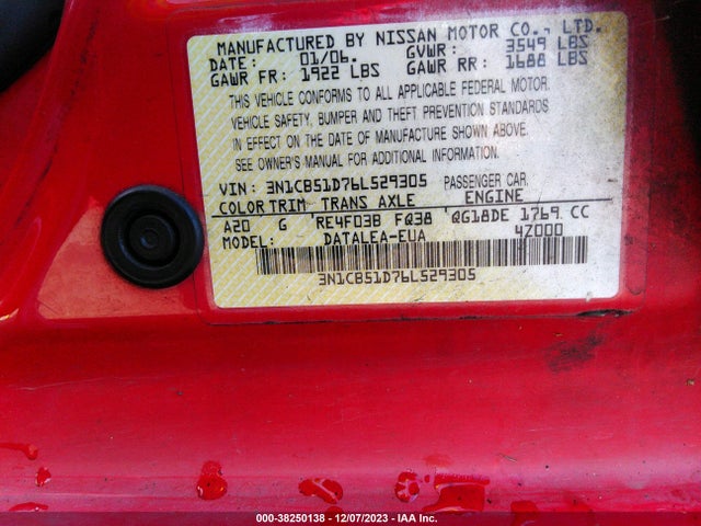 2006 NISSAN SENTRA 1.8S VIN: 3N1CB51D76L529305