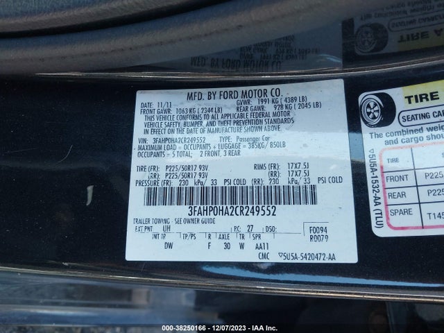 2012 FORD FUSION SE VIN: 3FAHP0HA2CR249552