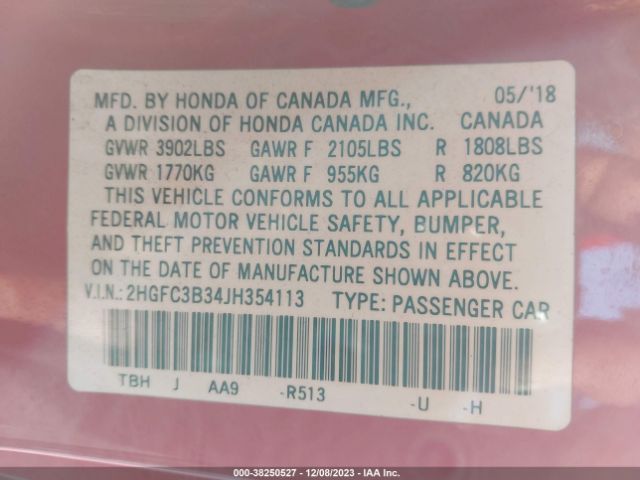 2HGFC3B34JH354113 Honda Civic Ex-t