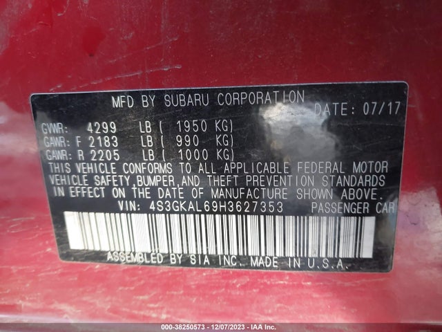 2017 SUBARU IMPREZA 2.0I SPORT VIN: 4S3GKAL69H3627353