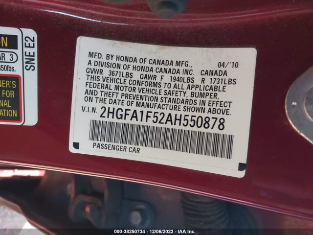 2010 HONDA CIVIC LX VIN: 2HGFA1F52AH550878