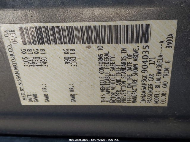 38250806 :رقم المزاد ، 1N4AA6AP3GC904035 vin ، 2016 Nissan Maxima 3.5 Sl مزاد بيع