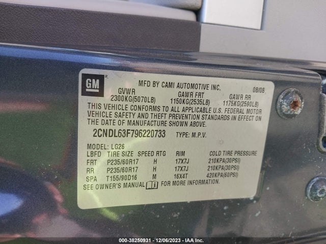 2009 CHEVROLET EQUINOX LT VIN: 2CNDL63F796220733