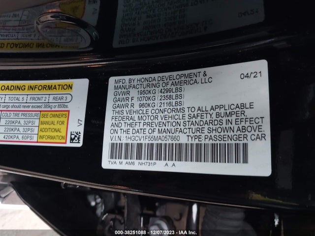 2021 HONDA ACCORD EX-L VIN: 1HGCV1F55MA057660