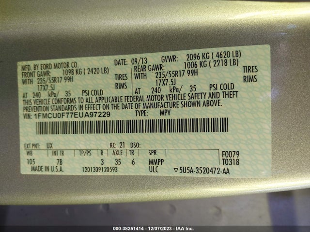 2014 FORD ESCAPE S VIN: 1FMCU0F77EUA97229