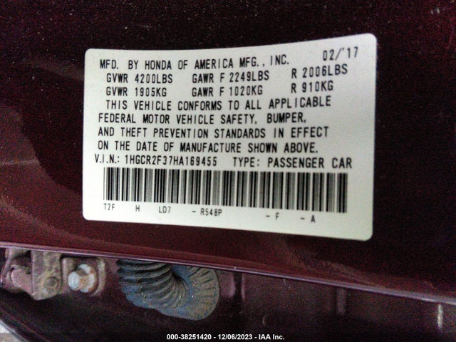 Honda ACCORD LX 2017 1HGCR2F37HA169455 Image 9