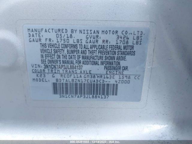 3N1CN7AP3JL884137 Nissan Versa 1.6 Sv