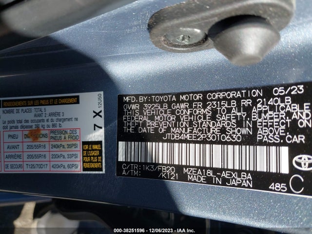 2023 TOYOTA COROLLA LE VIN: JTDB4MEE2P3010630