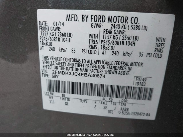2014 FORD EDGE SEL VIN: 2FMDK3JC4EBA30674
