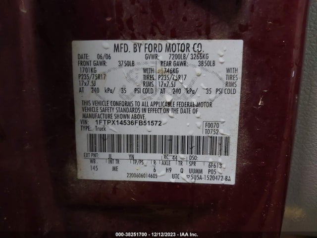 2006 FORD F-150 FX4/LARIAT/XL/XLT VIN: 1FTPX14536FB51572