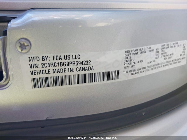 2023 CHRYSLER PACIFICA TOURING L VIN: 2C4RC1BG9PR594232