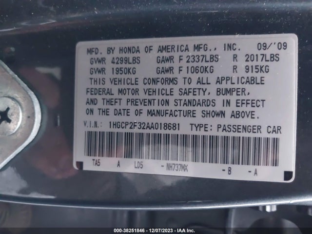 2010 HONDA ACCORD 2.4 LX VIN: 1HGCP2F32AA018681