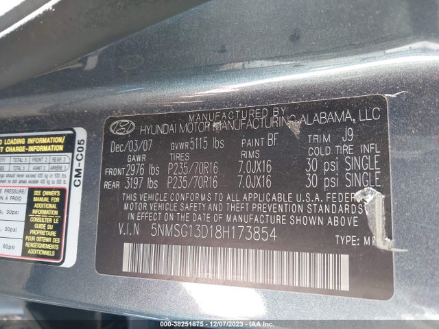 2008 HYUNDAI SANTA FE GLS VIN: 5NMSG13D18H173854