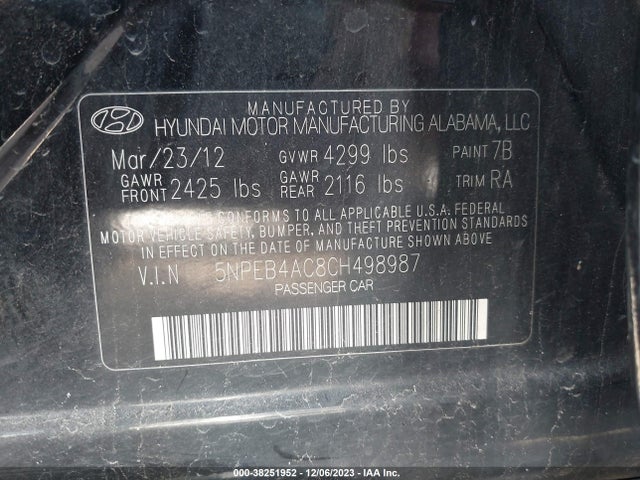 2012 HYUNDAI SONATA GLS VIN: 5NPEB4AC8CH498987