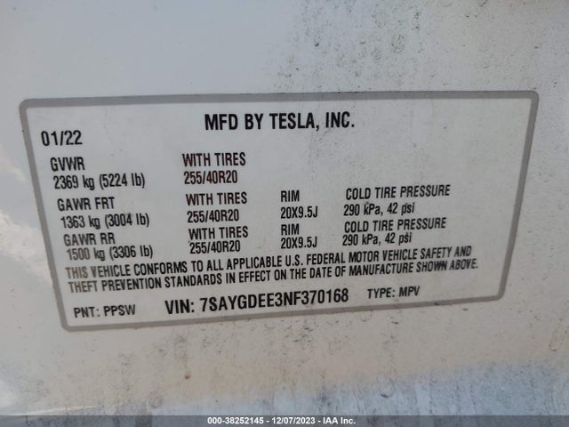 7SAYGDEE3NF370168 Tesla Model Y Long Range Dual Motor All-wheel Drive