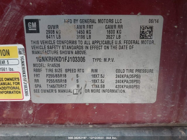 Chevrolet Traverse 2lt 2015 1GNKRHKD1FJ103306 Image 9