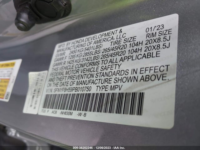 Honda Passport Awd Ex-l 2023 5FNYF8H59PB010750 Image 9