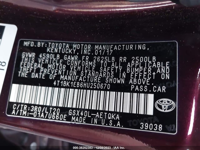 2017 TOYOTA AVALON TOURING VIN: 4T1BK1EB6HU250670