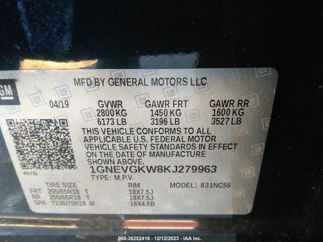 Chevrolet Traverse 1lt 2019 1GNEVGKW8KJ279963 Image 9