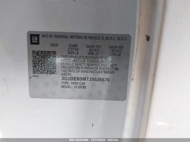 2018 CHEVROLET CRUZE LT AUTO VIN: 3G1BE6SM7JS626676