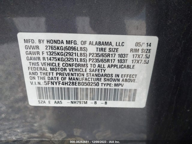 Honda PILOT LX 2014 5FNYF4H28EB050250 Image 9