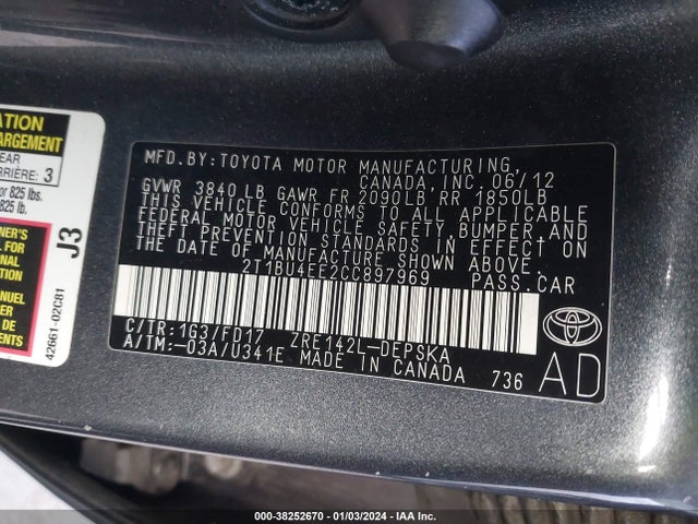 2012 TOYOTA COROLLA S VIN: 2T1BU4EE2CC897969